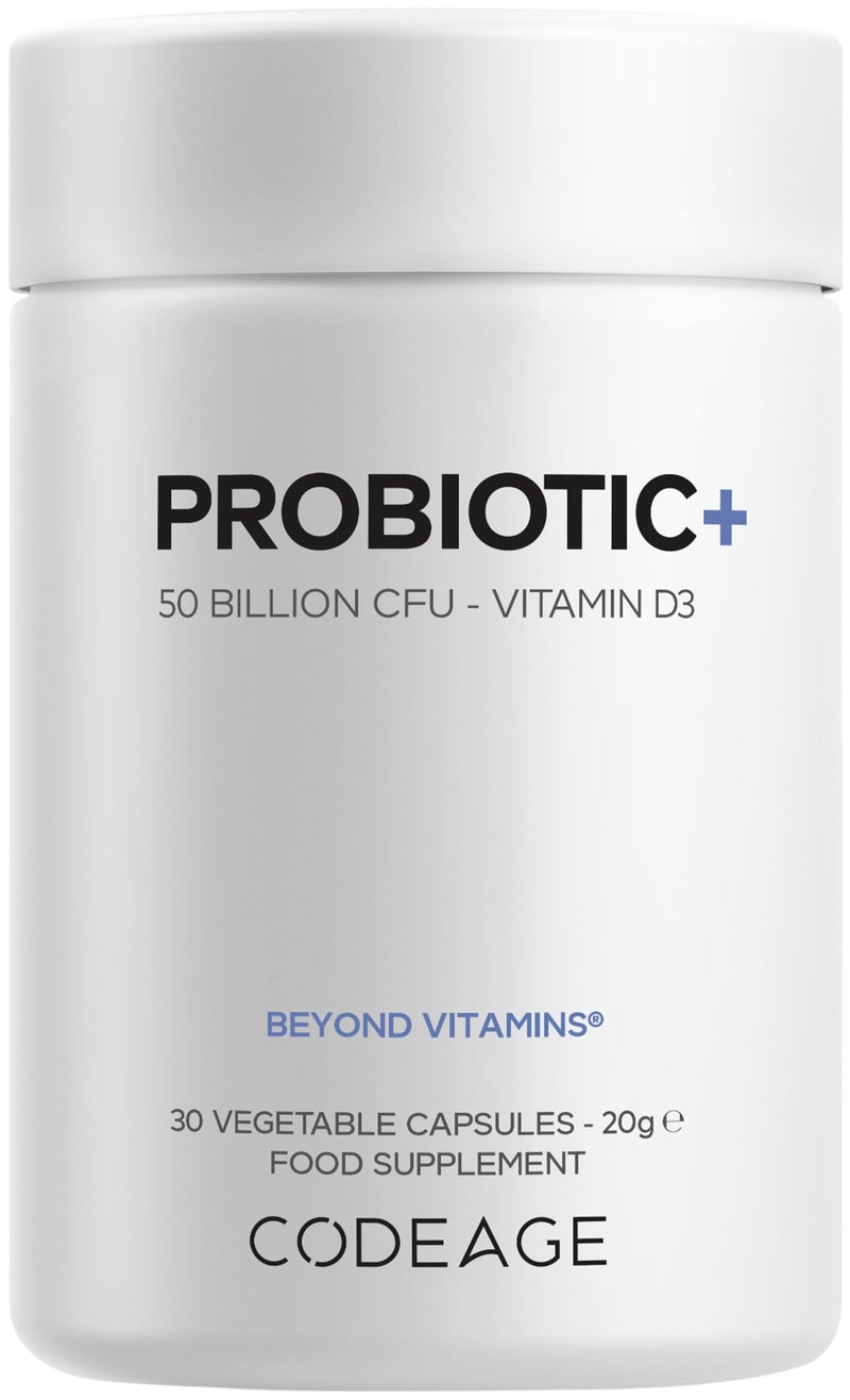 Codeage Probiotic+ 50 Billion CFU Supplement - 12-Strain Probiotic Blend, Prebiotic Fiber, Vitamin D3, Zinc Bisglycinate, Quercetin - for Men & Women - Non-GMO- 30 Capsules